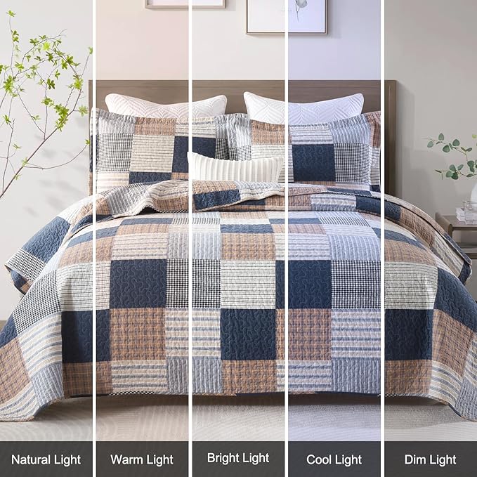 Uniclinens Plaid Quilt Set Queen Size, 100% Cotton Patchwork Plaid Quilt Bedding Set Bedspreads, Farmhouse Lightweight Comforter Quilted Quilt, 3 Pieces Set with 2 Pillowshams, Navy/Brown/White