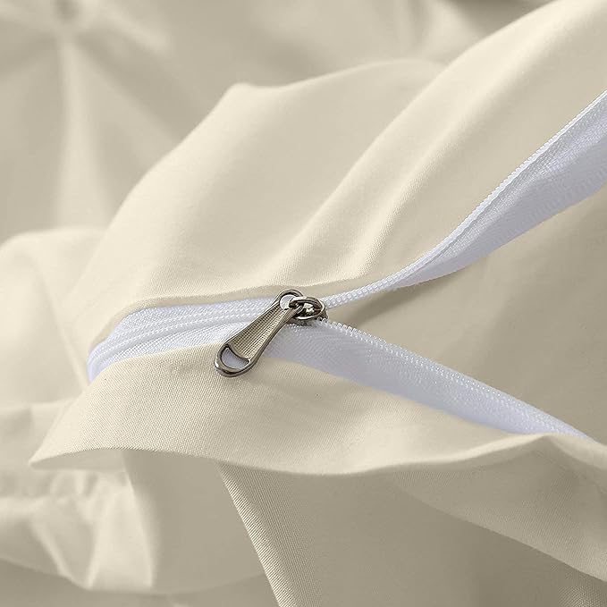 Pinch Pleated Duvet Cover Set 100% Brushed Microfiber 3PC Super King Plus Size 120x120 Duvet Cover Set, Decorative Pinch Design Ivory Duvet Cover with Matching Pillow Case