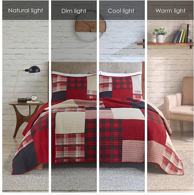 Woolrich Sunset Reversible Quilt Set - Cottage Styling Reversed to Solid Color, All Season Lightweight Coverlet, Cozy Bedding Layer, Matching Shams, Oversized Full/Queen, Plaid Red 3 Piece