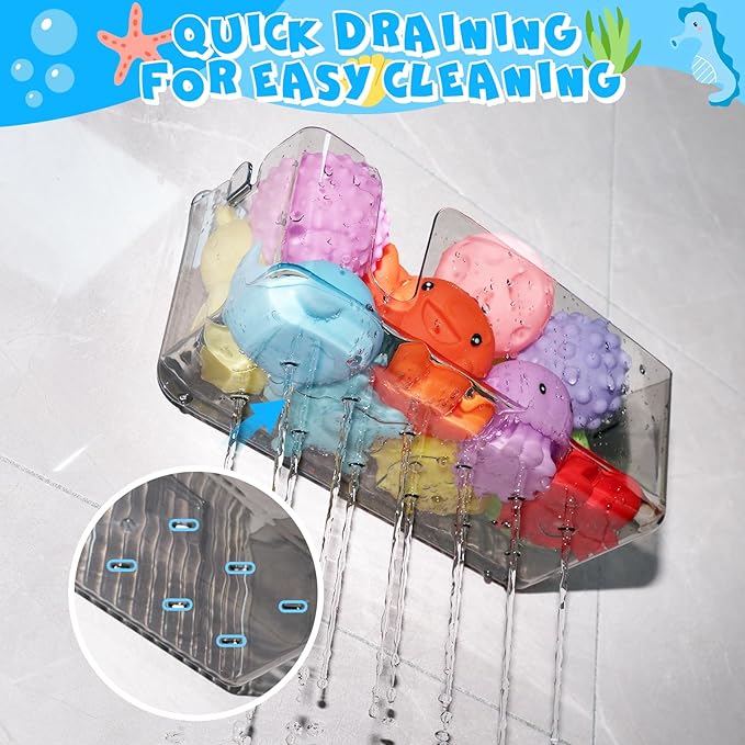 2-Pack Clear Bath Toy Storage Holder Organizer, Large Capacity Durable Plastic Bathtub Shower Caddy with Drain Holes, Quick-Dry Drainable Easy Install(Transparent Gray 2-Pack)