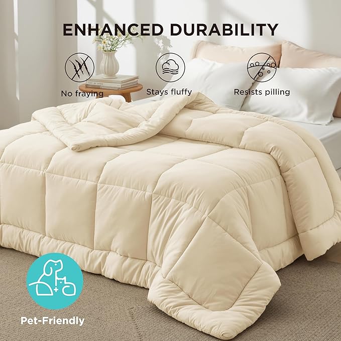 Bedsure Comforter Duvet Insert - Quilted Comforters Twin XL Size, All Season Duvet, Down Alternative Bedding Comforter with 8 Tabs,Gifts for Women/Men,Cream,Twin XL 92 x 68 Inches