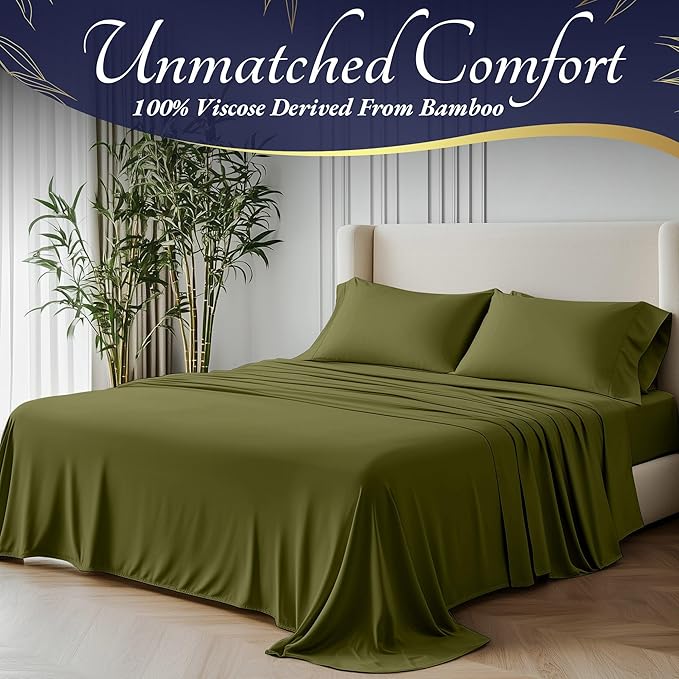 DECOLURE 100% Viscose Derived from Bamboo Sheets King Size 4pcs - Ultra Soft & Luxuriously Cooling, 17" Deep Pocket, Double Stitching, Perfect for Hot Sleepers - King Bed Sheets (Light Olive)