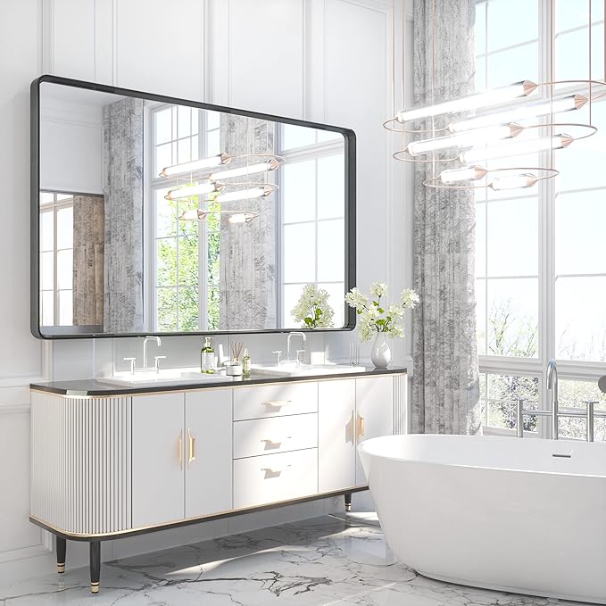TETOTE 60 x 36 Inch Bathroom Mirror, Matte Black Metal Frame Modern Farmhouse Decorative Rectangle Wall Mirror for Double Vanity (Horizontal/Vertical)