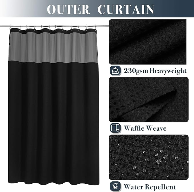 N&Y HOME Waffle Weave Shower Curtain with Snap-in Fabric Liner & 12 Black Hooks Set - Hotel Style, Water-Repellent & Washable, Mesh Top Window - 71x72, Black