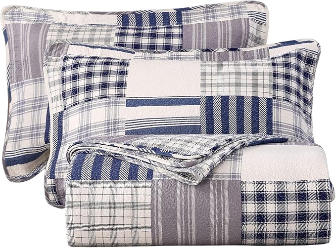 vctops Cotton Quilted Patchwork Quilt Set Queen Size Farmhouse Blue Plaid Bedspreads Coverlet 3 Pieces Summer Lightweight 1 Quilt and 2 Pillow Shams for All Season (Plaid B,Queen)