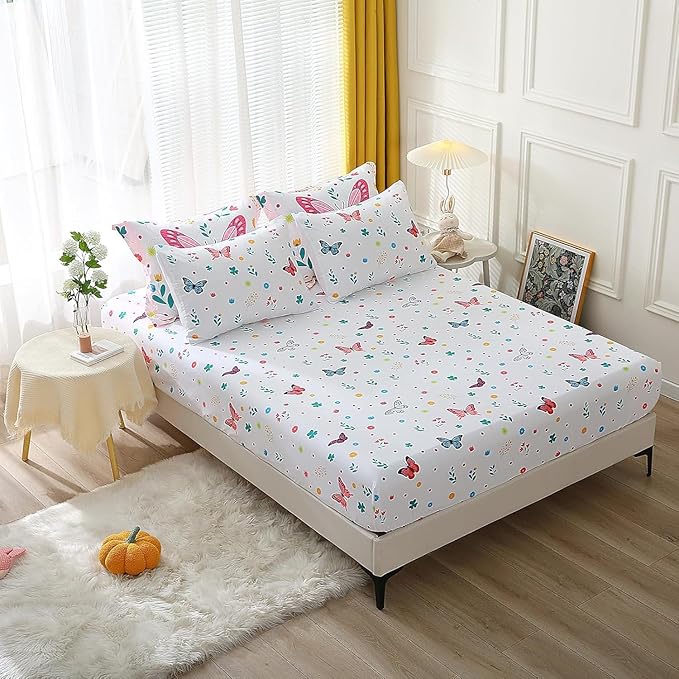 Wajade Queen Size Butterfly Comforter Set for Girls Kids Bedding Sets for Girls 7 Pieces Bed in a Bag Colorful Butterflies Flower Leaves Bedding Set All Season Lightweight
