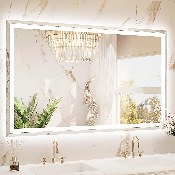 TETOTE 60 x 36 Inch Led Lighted Mirror for Bathroom Wall, Extra-Bright Beveled Bathroom Vanity Frontlit & Backlit Frameless Mirror with 3-Color Lights, Defogging, Tempered Glass, Waterproof