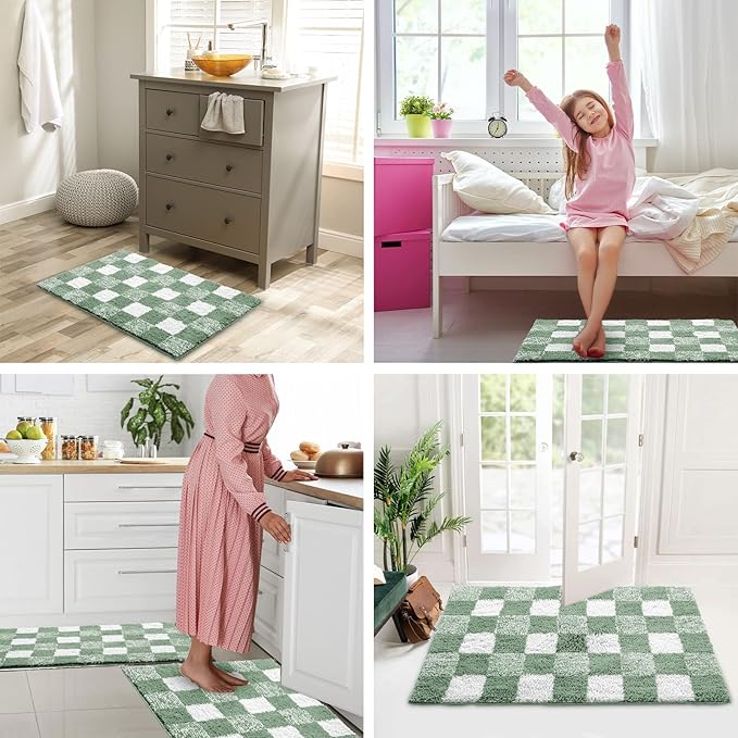 CozeCube Bath mats for Bathroom Non Slip, Fluffy Absorbent Microfiber Bath mat Washable, Aesthetic Bathroom Rugs, Small Sage Green Checkered Bath mat, Sage Green, 24" x 16"