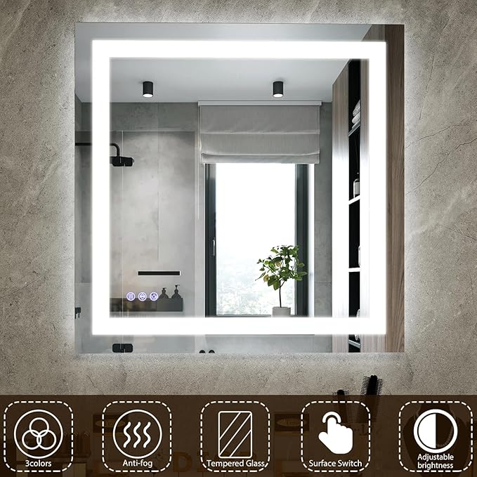 VooBang Bathroom Mirror with Lights 47 x 47 inches - 3 Adjustable Lighting Modes LED Bathroom Vanity Mirror, Anti-Fog, Memory Function, Tempered Glass, Wall Mounted Horizontally Vertically