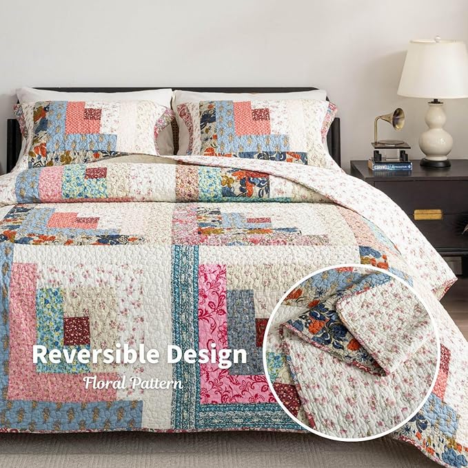 meadow park Cotton Real Patchwork Quilt Set 3-Piece. 100% Washed Cotton. 208 Hand Cut Patches. Allover Quilting. Reversible Coverlet Set. (King)