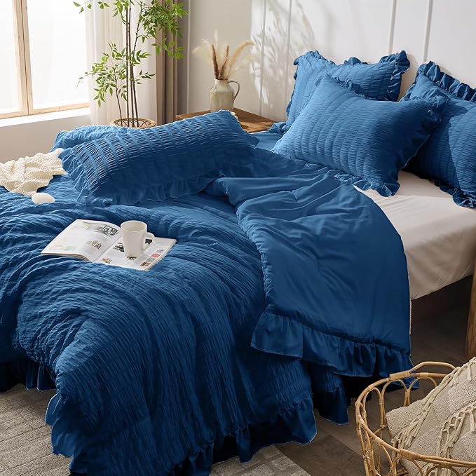JOLLYVOGUE Teal Comforter Full Size, 3 Pieces Seersucker Lightweight Full Size Bedding, All Season Fluffy Microfiber Bedding Comforter Set with 1 Ruffle Comforter and 2 Ruffle Pillowshams
