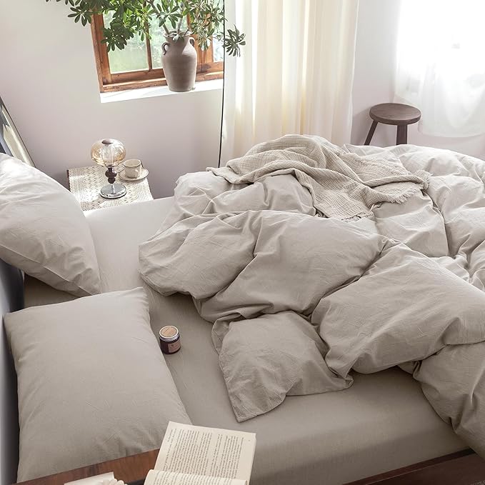 FOSSA Duvet Cover Set 100% Washed Cotton Linen Feel Super Soft Breathable Cozy 3 Pieces Bedding Sets Solid Cream Grey California King