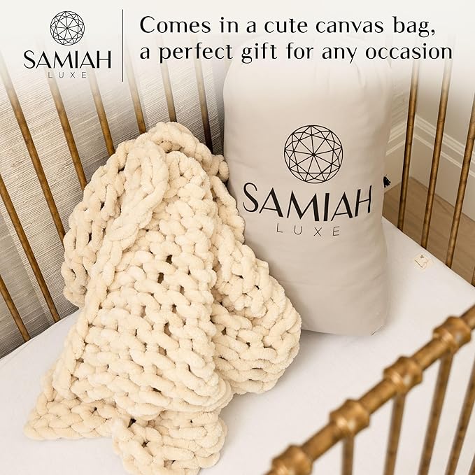 SAMIAH LUXE Chunky Knit Blanket Throw 50x30", Cream Chenille Chunky Knit Throw Blankets for Living Room Decor or Boho Decor, Personal Lap Blanket for Couch or Bed, Cable Knitted Crochet Lap Blankets