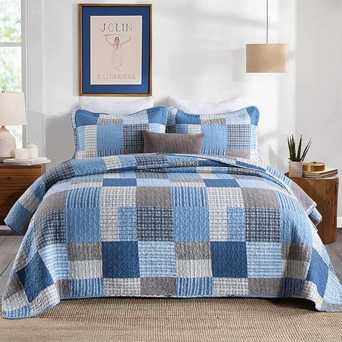 KALOOLA Plaid Quilts Queen Size, 100% Cotton Soft Bedding Set with 2 Pillow Shams, Farmhouse Lightweight Blue Grey Queen Bedspread Coverlet Set for All Season, 3 Pieces