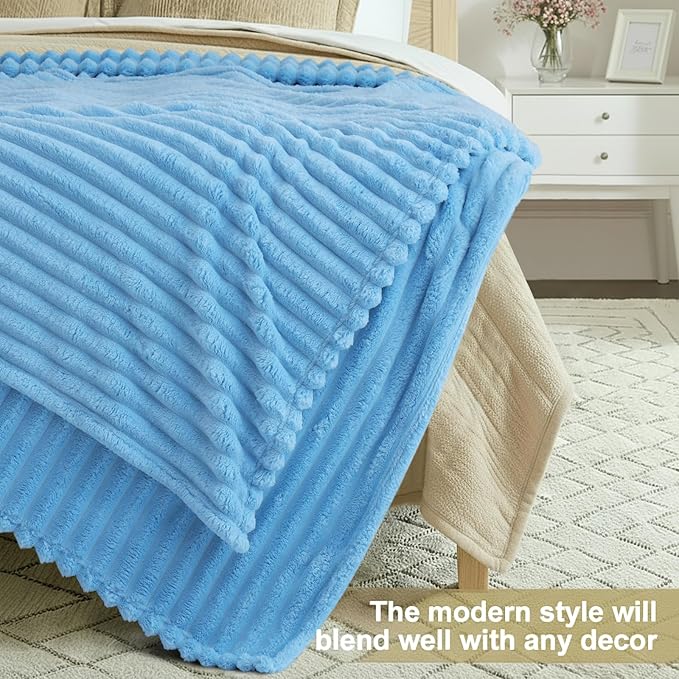 decorUhome Christmas Soft Fleece Blue Blanket King Size for Bed, Cozy Fluffy Plush Flannel Large Striped Throws for Couch Sofa, Lightweight Decorative Fuzzy Blanket for Woman, 108x90 Inches