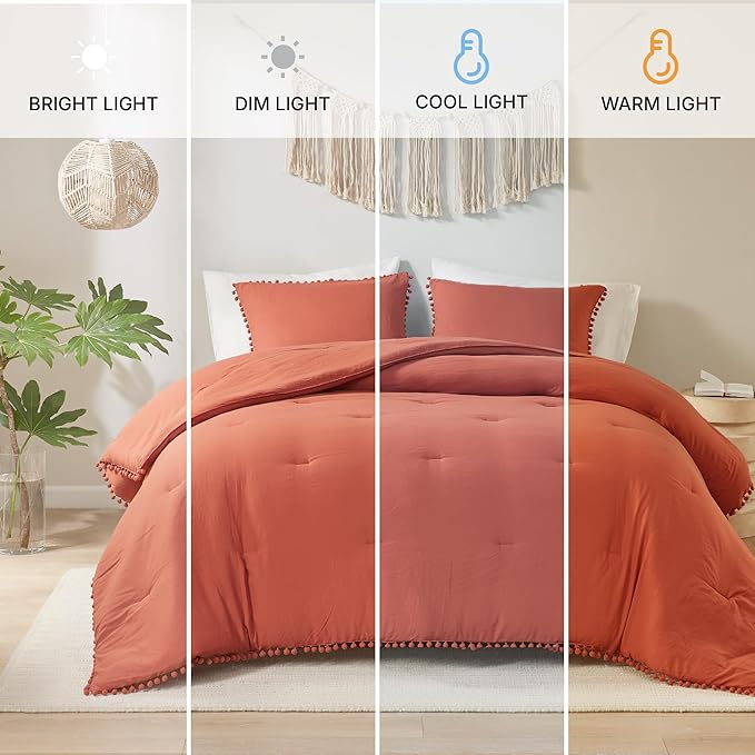 Codi Terracotta King Comforter Set - Boho Chic Bedding with Elegant Pom Fringe, Soft Washed Microfiber 3pc Luxury Set, Lightweight & Breathable for Master Bedroom, 1 Comforter & 2 Pillow Shams
