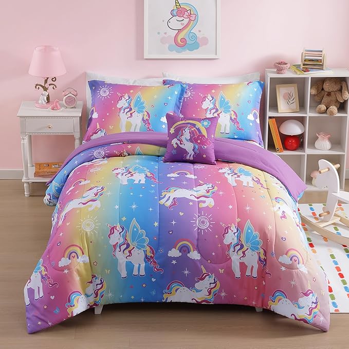 Twin Comforter Set for Girls-3 Pieces Rainbow Unicorn Twin Bedding Sets for Kids,1 Comforter,1 Sham and 1 Decor Pillow