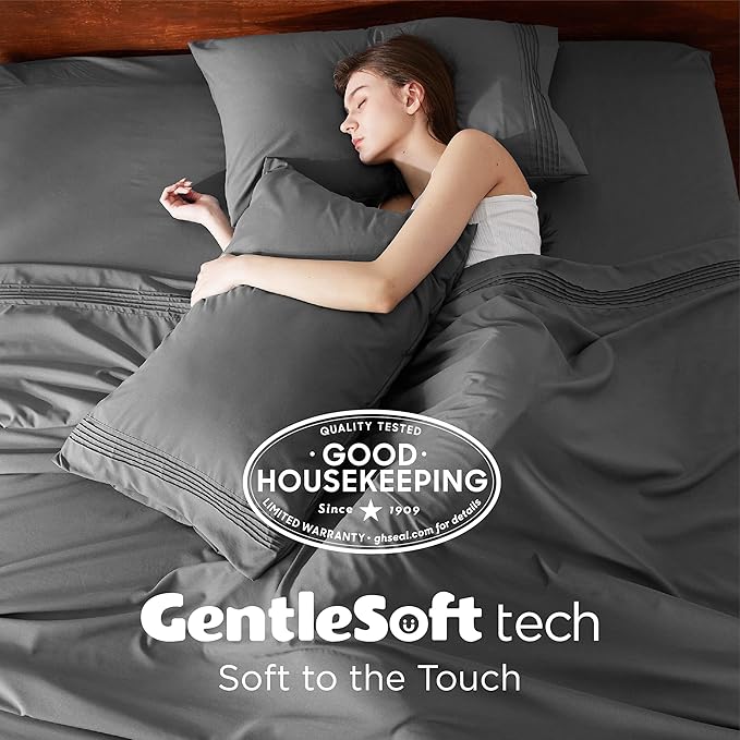 Bedsure Deep Pocket Twin Sheets Set - Fits Mattresses Up to 21 Inches Thick -3 Piece GentleSoft Bed Sheets, Moisture Wicking, Soft & Cooling Bedsheet & Pillowcases, Easy & Secure Fit, Dark Grey