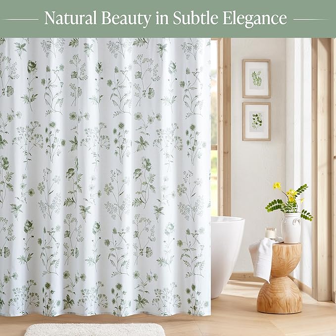 Martha Stewart Martha's Garden Shower Curtain Botanical Floral Print Cotton Shower Curtain for Bathroom, Spa Quality Modern Shower Curtains Standard Size, 72x84 Sage Green
