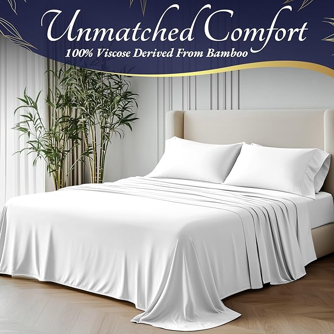 DECOLURE 100% Viscose Derived from Bamboo Sheets Cal King Size 4pcs - Ultra Soft & Luxuriously Cooling, 17" Deep Pocket, Double Stitching, Perfect for Hot Sleepers - King Bed Sheets (White)