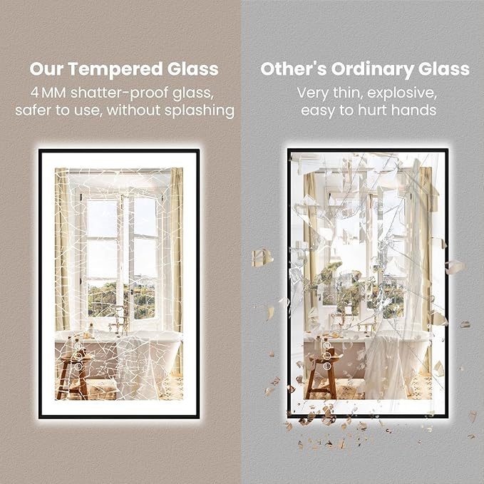 Amorho 48"x 32" LED Bathroom Mirror with Black Frame, Front Light and Backlit(Controlled Separately), Stepless Dimmable, Anti-Fog, Shatter-Proof, 3 Colors, Memory