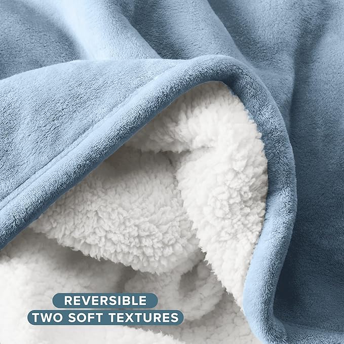 Bare Home Sherpa Fleece Blanket - King Size - Blanket for Bed, Sofa, and Couch - Warm & Lightweight - Fluffy & Soft - Reversible (King, Light Blue)