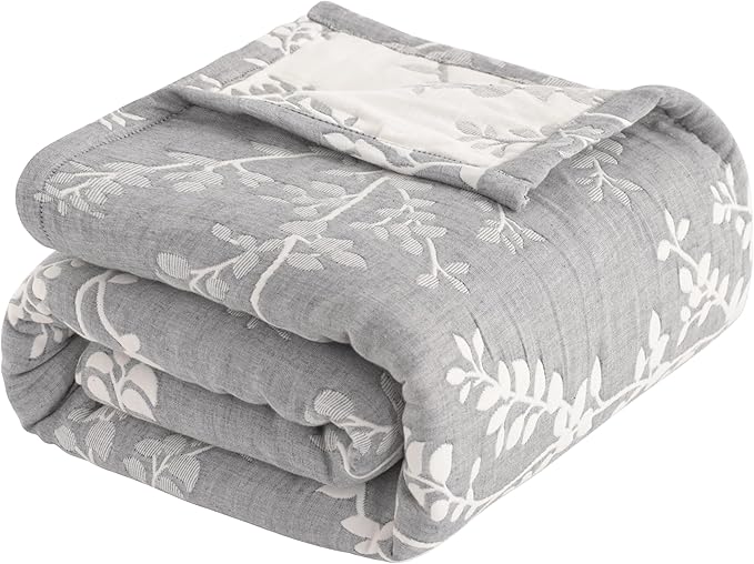 NTBAY 3 Layers Cotton Muslin 68x92 Twin Bed Blanket, Super Soft Breathable Thermal Yarn Dyed Quilt for Adults, Perfect Lightweight Blanket for Couch Sofa Bed All Seasons, Grey Tree