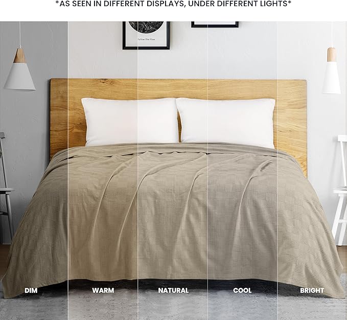 Utopia Bedding Khaki 100% Cotton Blanket [Queen Size - 90x90 Inch] 350GSM Lightweight, Soft and Breathable Thermal Blanket for All Seasons