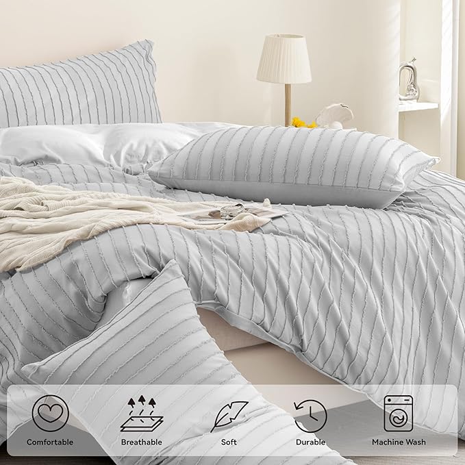 JELLYMONI Duvet Cover Twin Size Light Grey - 3PCS Boho Striped Duvet Cover Set Polyester Tufted Bohemian Textured Comforter Cover 68×90in with Corner Ties & Zipper and 2 Pillowcases