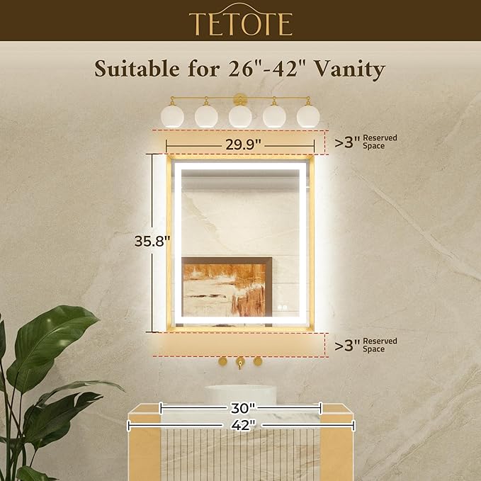 TETOTE Led Bathroom Mirror 30 x 36 with Brushed Nickel Frame Anti-Fog Frontlit & Backlit Vanity Mirror Stepless Dimmable Lighted Mirrors for Bathroom Wall 3 Colors White/Warm/Natural Wall-Mounted
