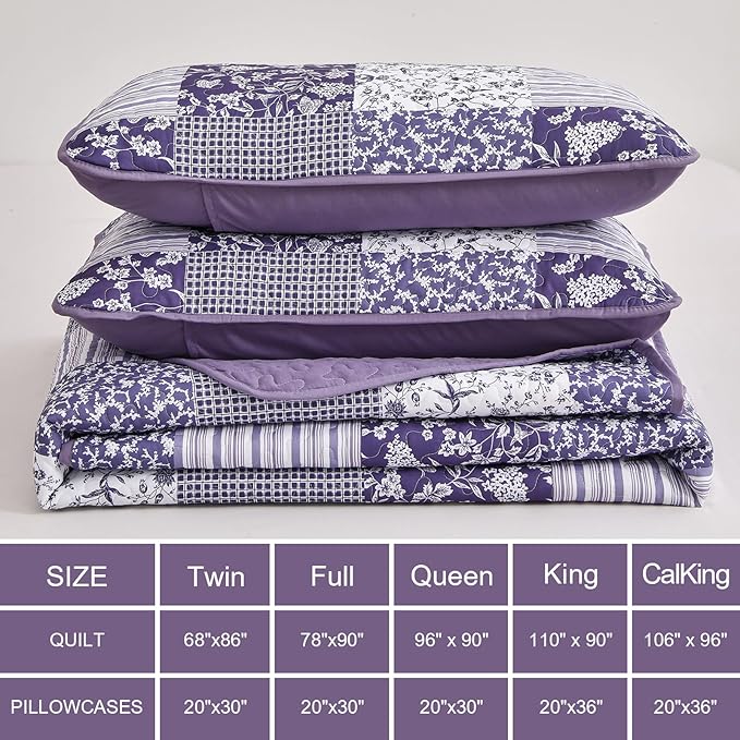 Mybedsoul Purple Quilt Set Full Size, 3 Pieces Plaid Floral Bedspread Set Patchwork Reversible Bedding Set Microfiber Lightweight Bedspread Coverlet Set for All Season 78"x90"