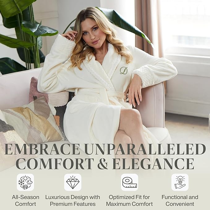 Lotus Linen Plush Robes for Women - Soft Bathrobe, Custom Monogram, Warm Fleece Robe with Pockets