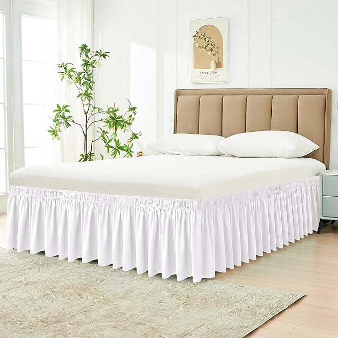 Biscaynebay Wrap Around Bed Skirts for Twin & Twin XL Beds with Extra Long Drop of 25", White Adjustable Elastic Dust Ruffles Easy Fit Wrinkle Resistant Silky Luxurious Fabric Machine Washable