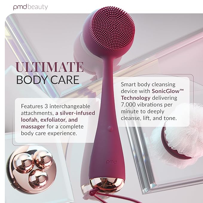 PMD Clean Body - Smart Body Cleansing Device with Silicone Brush & Three Interchangeable Attachments - Waterproof - SonicGlow Vibration - Cleanse, Exfoliate, & Massage Body