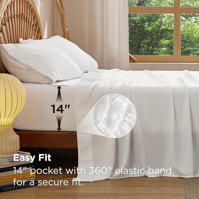 Bedsure Queen Sheet Set - 4 Pieces Soft Queen Size Sheets - Breathable & Cooling - Hotel Luxury - Easy Care Polyester Microfiber Bedding for Women, Men, Bright White