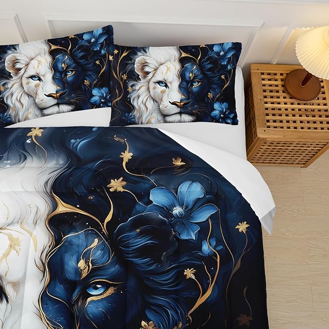 Black and Gold Flower Lion Comforter Set Full Size，Animal Print Full Size Bedding Set for Boy，with 1 Comforter with 2 Pillow Case