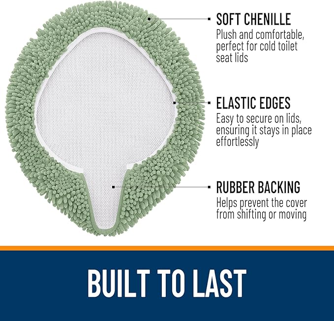 OLANLY Soft Chenille Bathroom Toilet Lid Cover, Machine Washable Seat Covers, 17.5x15, Stays in Place Rubber Backing, Fits Most Round, Elongated and Oblong Lids, Accessories Decor, Sage Green