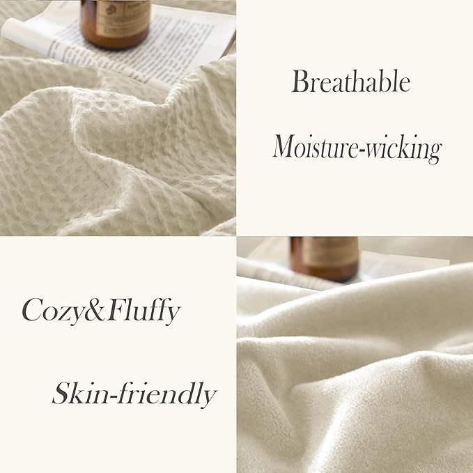 CHUFFED Cotton Waffle Blanket Queen Size - Plush Milk Velvet & Reversible Waffle Weave,Anti-Static 300Gsm Design，Thick Cozy Soft Winter Blanket for Bed, Couch, Sofa - Beige, 90x90 Inches