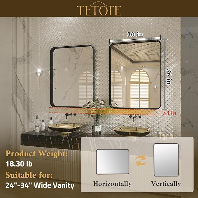 TETOTE Silver Bathroom Mirror, 30 x 36 Inch Wall Mounted Rectangle Brushed Silver Metal Framed Modern Vanity Mirror (Horizontal/Vertical)