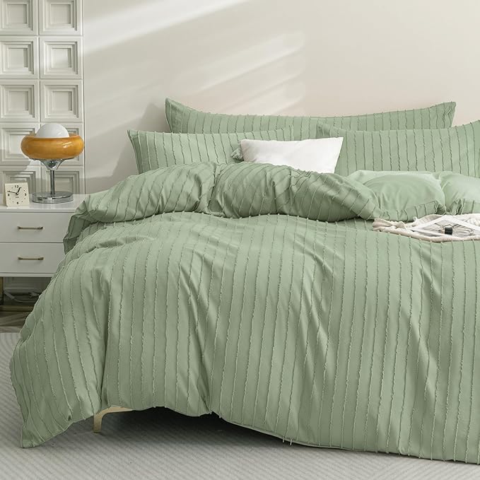 JELLYMONI Duvet Cover Full Size Light Green - 3PCS Boho Striped Duvet Cover Set Polyester Tufted Bohemian Textured Comforter Cover 80×90in with Corner Ties & Zipper and 2 Pillowcases