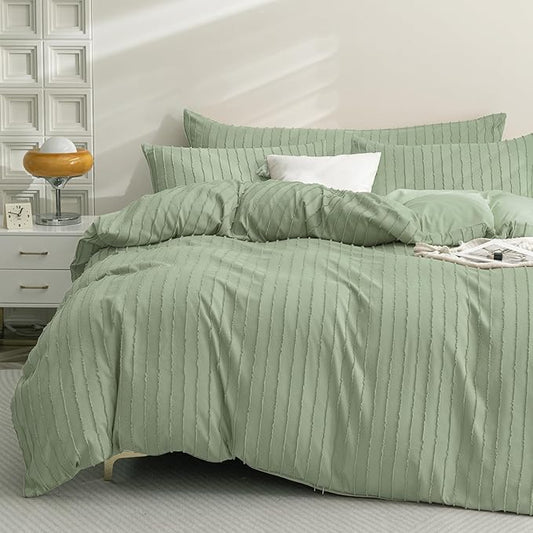 JELLYMONI Duvet Cover Twin Size Light Green - 3PCS Boho Striped Duvet Cover Set Polyester Tufted Bohemian Textured Comforter Cover 68×90in with Corner Ties & Zipper and 2 Pillowcases