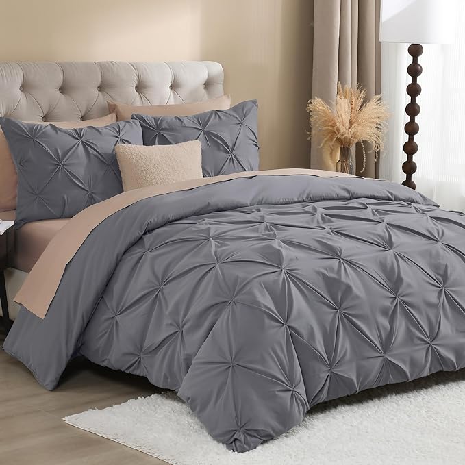 Litanika Dark Grey Oversized King Pinch Pleat Duvet Cover, 3 Pieces Pintuck Cover Soft Microfiber Bedding Set with Zipper Closure & Corner Ties(1 Duvet Cover, 2 Pillowcases)