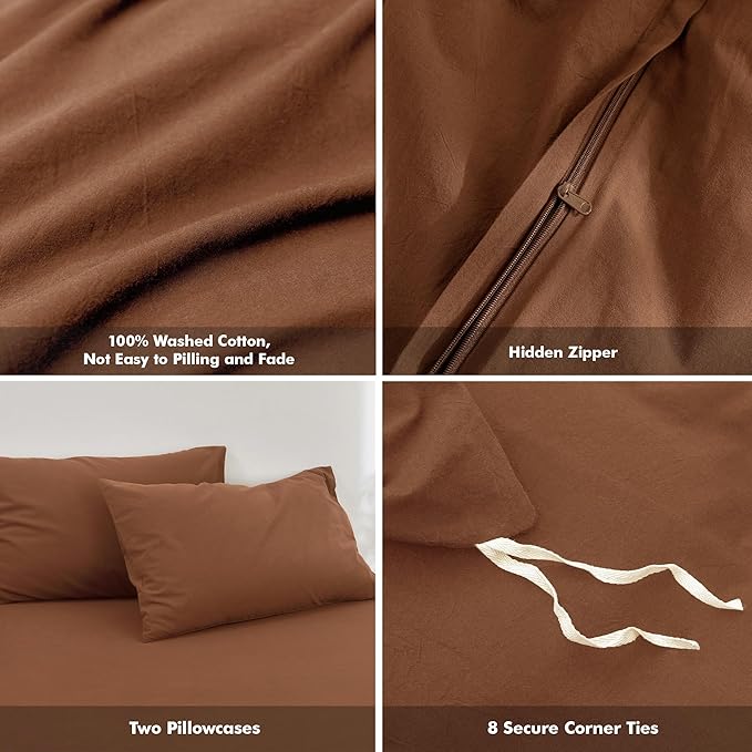 FOSSA Duvet Cover Set 100% Washed Cotton Linen Feel Super Soft Breathable Cozy 3 Pieces Bedding Sets Solid Dark Orange Super King
