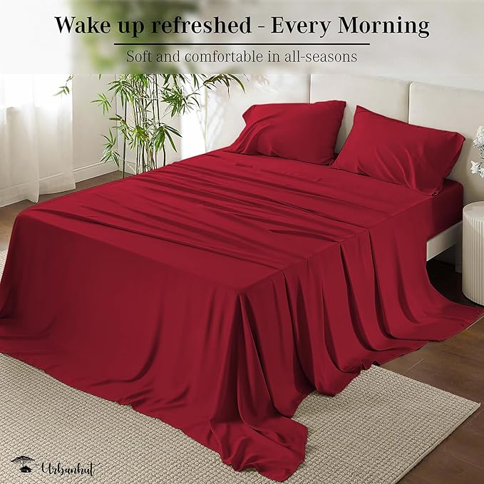 URBANHUT 700 Thread Count Egyptian Cotton Queen Sheets, 4Pc Sheet Set Soft Luxury Bed Sheets for Queen Size Bed, Sateen Weave Hotel Sheets, 16'' Elasticized Deep Pocket - Burgundy