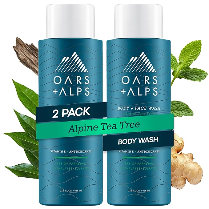 Oars + Alps Men's Moisturizing Body and Face Wash, Skin Care Infused with Vitamin E and Antioxidants, Sulfate Free, Alpine Tea Tree, 2 Pack