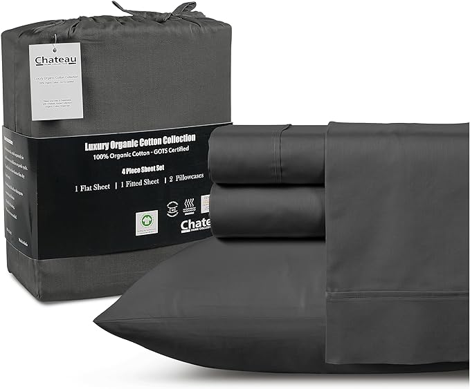 100% Organic Cotton Twin Sheets Set, 300TC Sateen Weave 3 PC Twin Bed Sheets, Fully Elasticated Sheet & Pillowcase Sets, Soft & Comfy No Lint Machine Washable Grey Sheet, Fade Resistant – Charcoal
