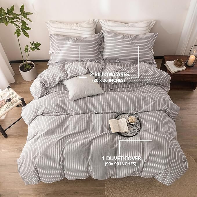 Stripe Duvet Cover Queen Size 90inch x 90inch, 100% Washed Cotton Linen Feel Pinstripe Duvet Cover with Zipper Closure and 2 Pillowcases, Color of Grey and White Stripe
