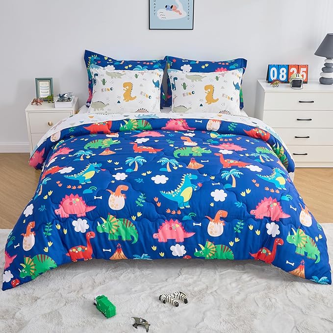 Wajade 7 Piece Kid Boys Dinosaur Comforter Set Twin Size 3D Blue Dinosaur Wild Park Jungle Print Bedding Set with Comforter, Sheet Set, Pillowcase and Sham