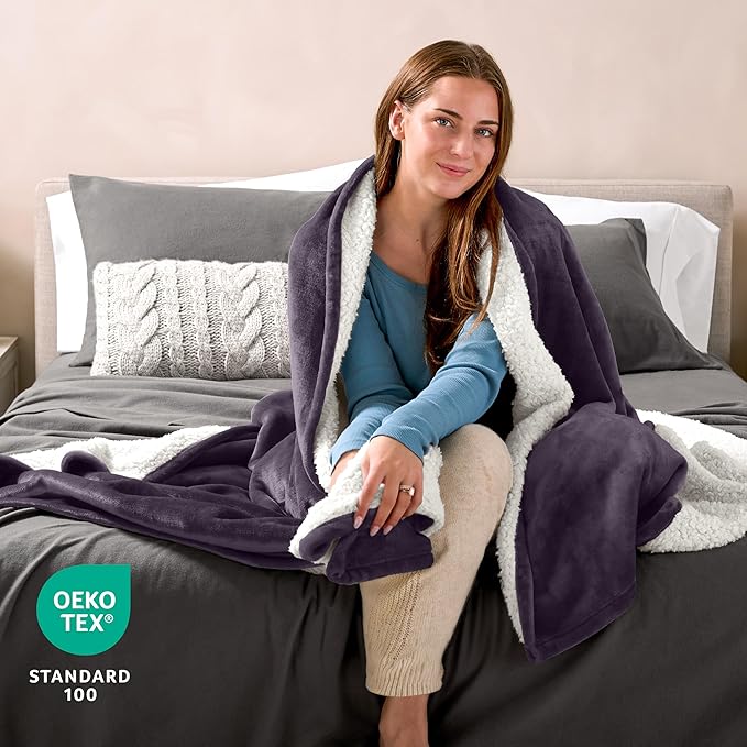 Bare Home Sherpa Fleece Blanket - King Size - Blanket for Bed, Sofa, and Couch - Warm & Lightweight - Fluffy & Soft - Reversible (King, Eggplant)