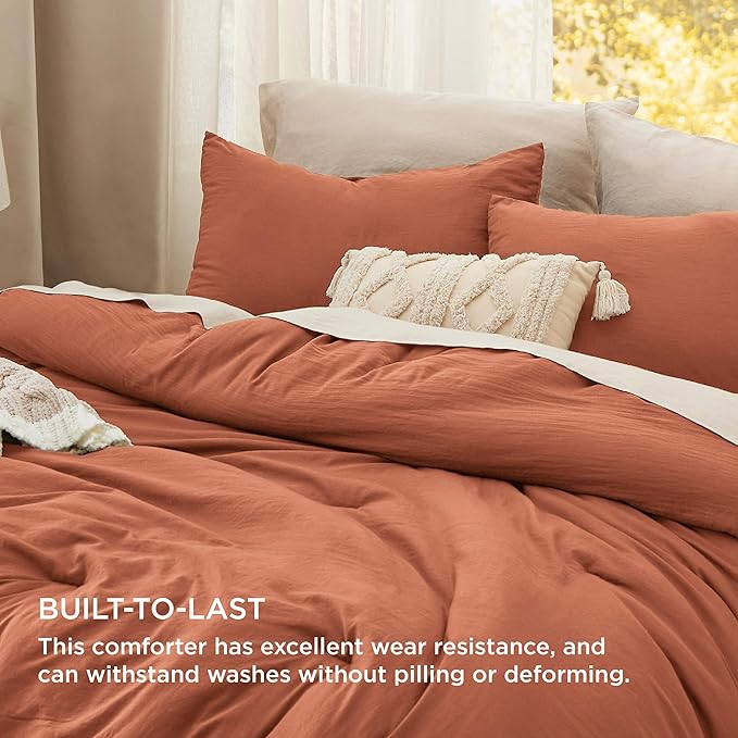 Bedsure Queen Size Comforter Set, Burnt Orange Soft Prewashed Bedding for All Seasons, 3 Pieces GentleSoft™ Down Alternative Bed Set, 1 Lightweight Comforter (90"x90") and 2 Pillowcases (20"x26")